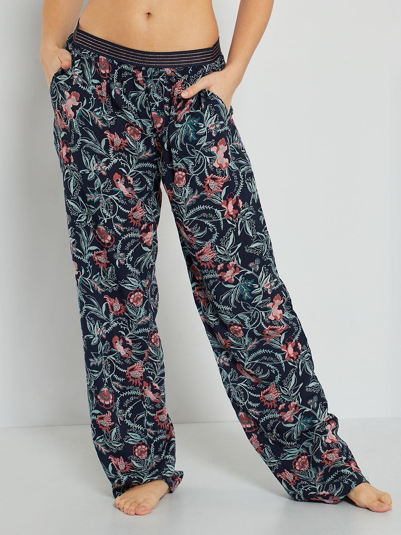 Frobukio Pantalon de pyjama taille haute pour femme imprimé floral avec poche latérale 